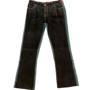 Y2K Vintage Fuzion Pouttana Brown Suede Front Jean Two Tone Straight Jeans Sz 12